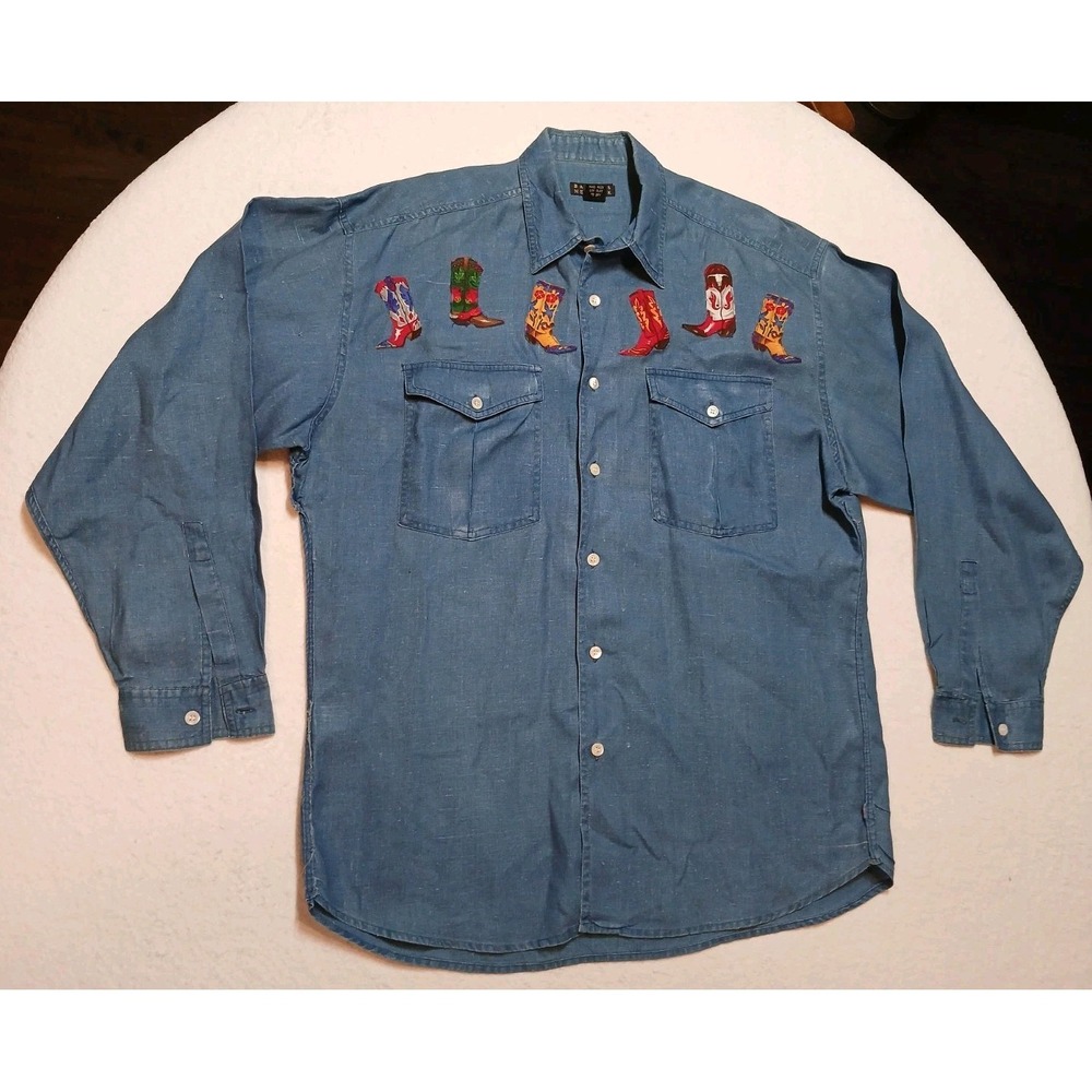 VTG Barneys New York Linen Western Shirt Men L Cowboy Boot Embroidered Blue 90s
